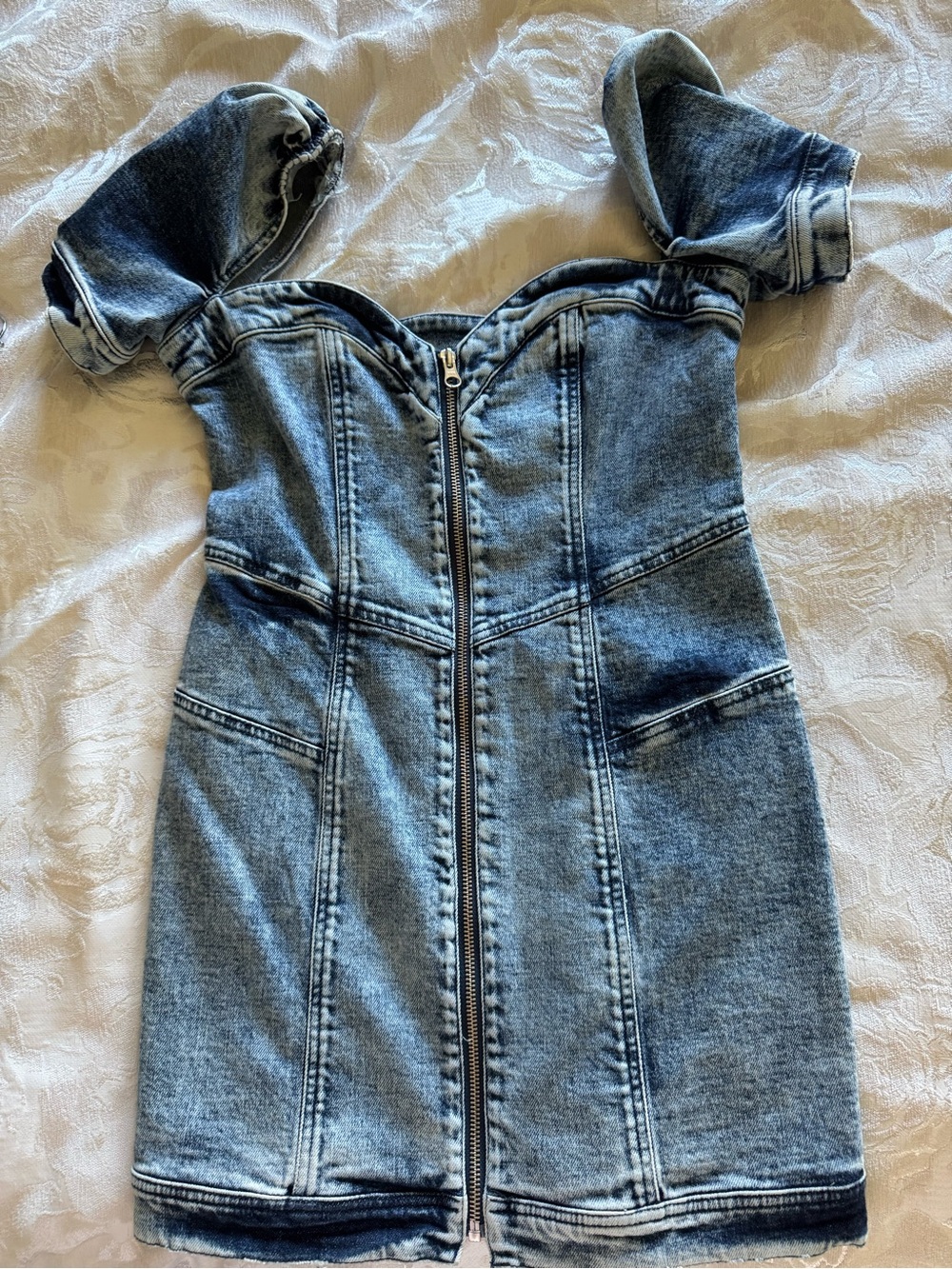 Retrofete Off-Shoulder Denim Zip-Front Mini Dress - Blue NWOT